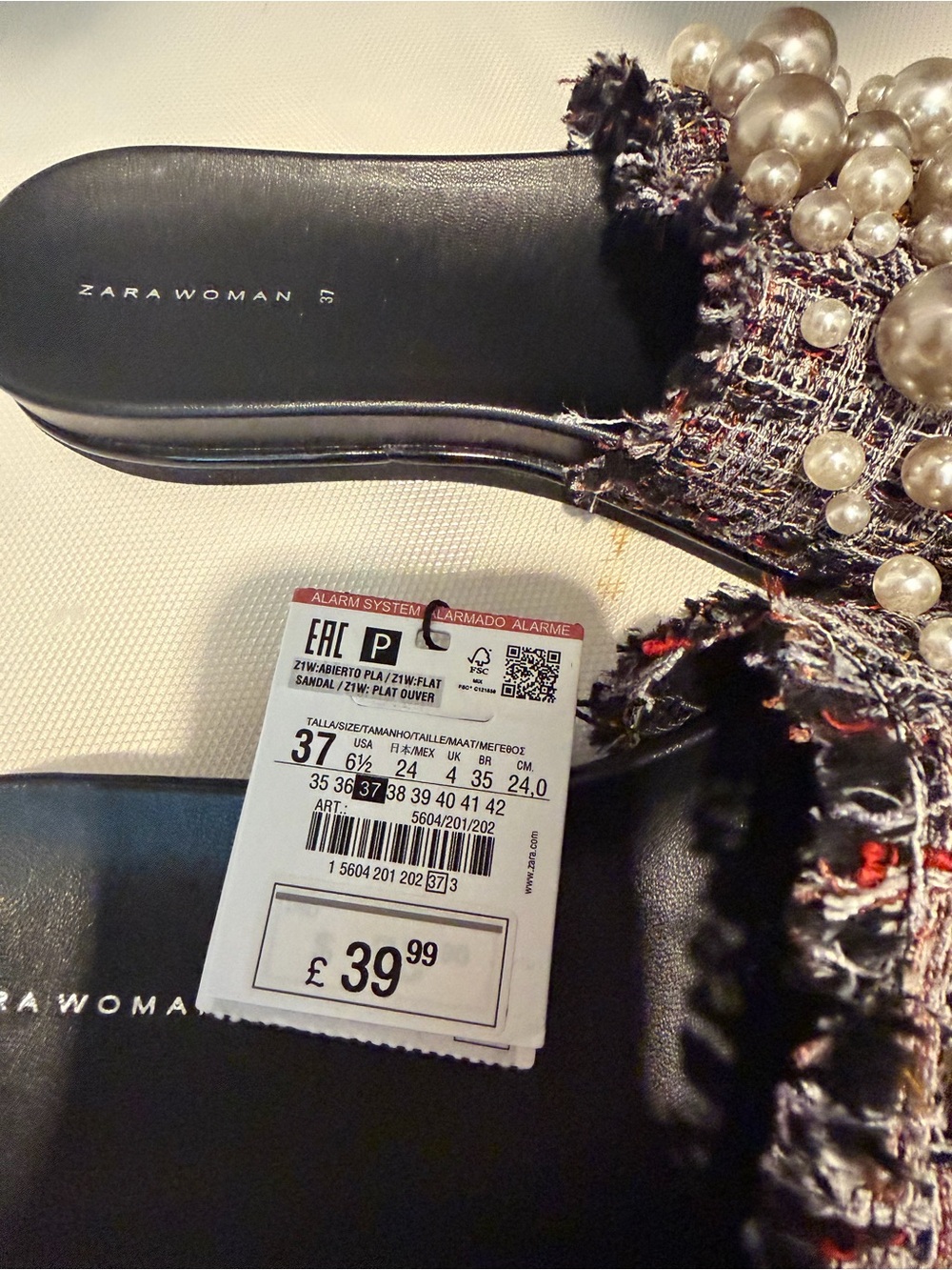 Zara Black Tweed Pearl Slide Sandals - Picture 4 of 5
